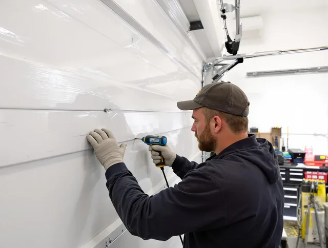 Brea Garage Door Repair technician demonstrating precision dent removal techniques on a Brea garage door