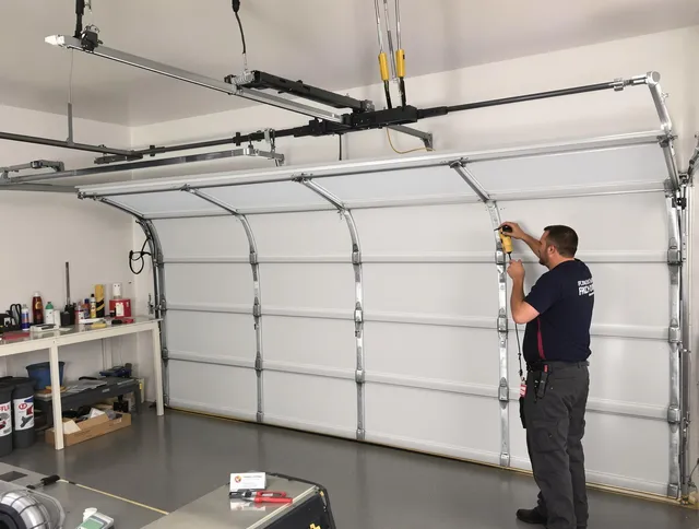 Brea Garage Door Repair certified technician performing overhead door system repair in Brea