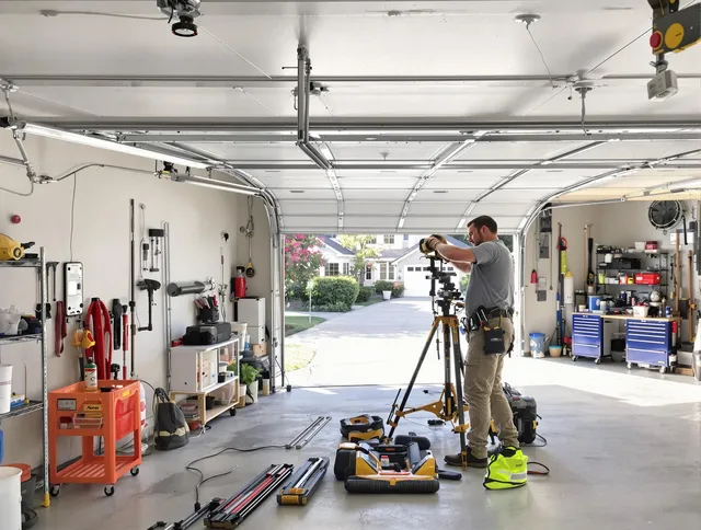 Brea Garage Door Repair specialist performing laser-guided track alignment in Brea